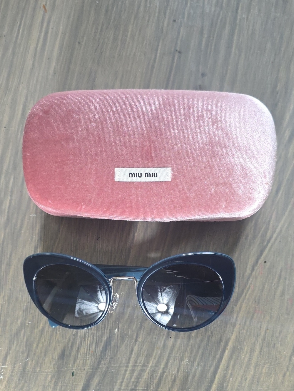 Miu Miu Blue Cat-Eye Sunglasses with Pink Velvet Case